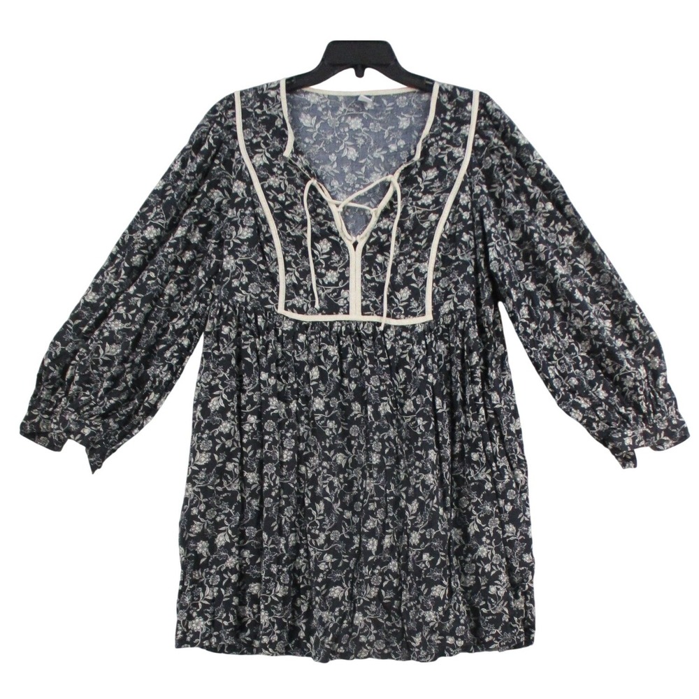 Old Navy Womens Floral Lace Up V-Neck Babydoll Mini Dress Navy Blue White Large